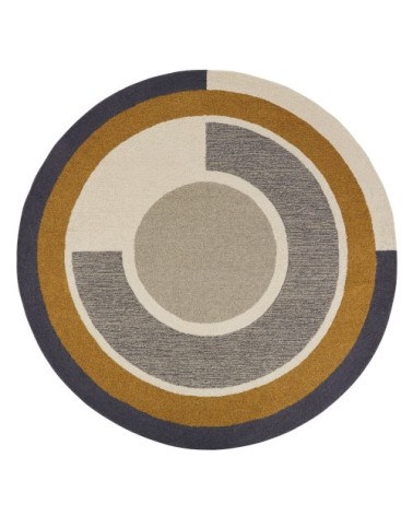 Tapis rond en laine et coton recyclé marron caramel, gris et blanc D200