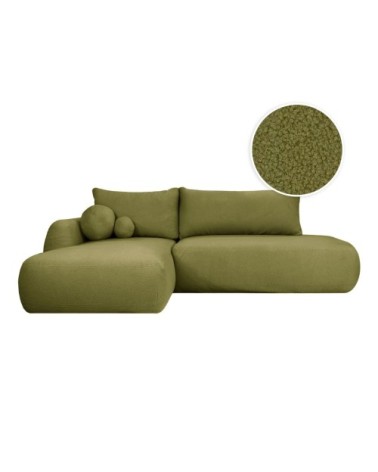 Canapé d'angle gauche convertible 5p fabio - tissu bouclette vert kaki