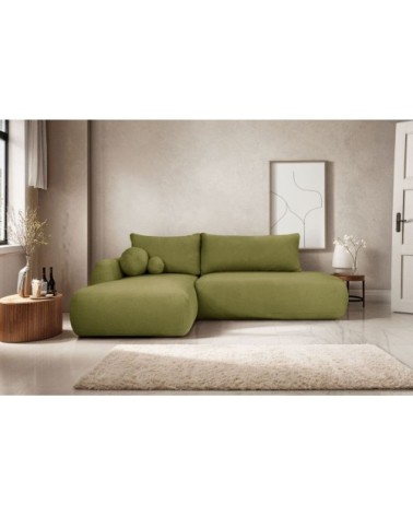 Canapé d'angle gauche convertible 5p fabio - tissu bouclette vert kaki