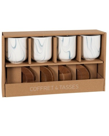 Coffret tasses en grès bleu effet marbré (x4) soucoupes en bois d'acacia