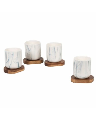 Coffret tasses en grès bleu effet marbré (x4) soucoupes en bois d'acacia