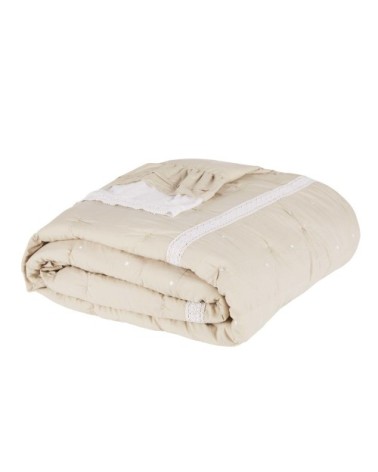 Boutis en coton beige avec volants et dentelle blancs 260x240