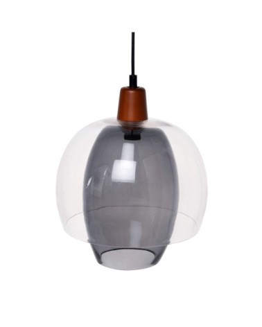 Suspension double en verre transparent et teinté gris anthracite et bois de d'hévéa