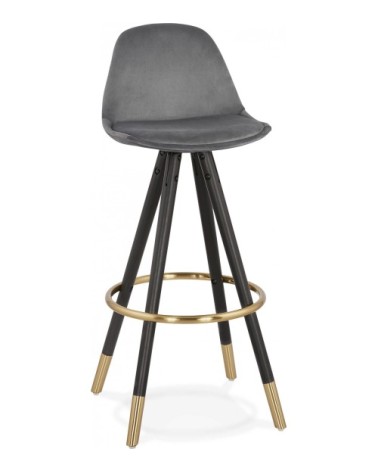 Tabouret de bar design bois noir et velours gris h97cm