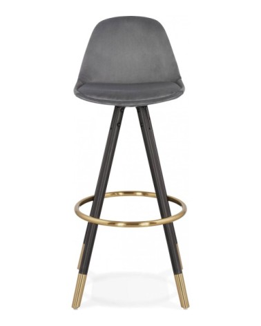 Tabouret de bar design bois noir et velours gris h97cm