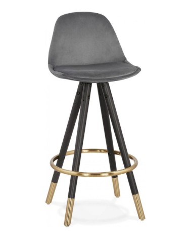 Tabouret de bar design bois noir et velours gris h87cm