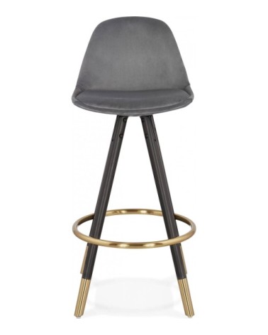 Tabouret de bar design bois noir et velours gris h87cm