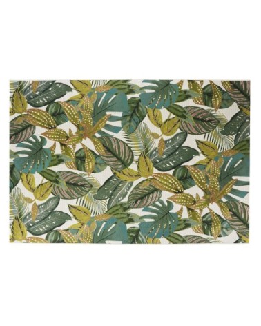 Tapis tissé jacquard imprimé jungle écru, bleu et vert 160x230