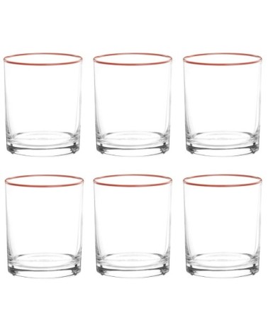 Verres avec bordures rouges et blanches (x6) et plateau rond en métal noir