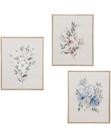 Toiles imprimés fleurs écrues, roses, bleues et vertes (x3) 35x28