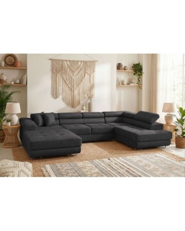 Canapé panoramique 6p flavio convertible 2 coffres en tissu gris foncé