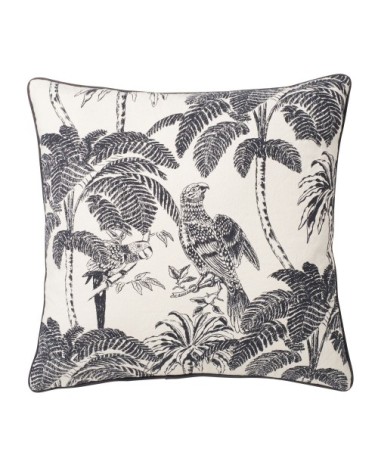 Coussin en coton beige motif tropical imprimé gris anthracite 45x45