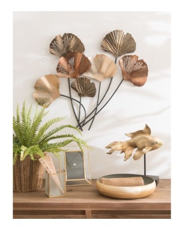 Déco murale branchage ginkgo en métal tricolore 55x64