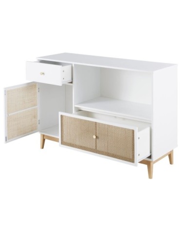 Commode compatible plan à langer 1 porte 2 tiroirs blanche et cannage en rotin