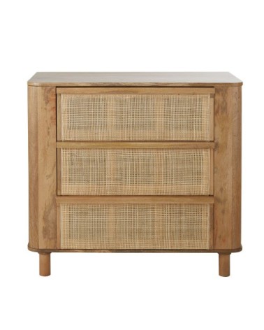 Commode 3 tiroirs en bois de manguier massif et fibre végétale beige