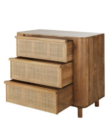 Commode 3 tiroirs en bois de manguier massif et fibre végétale beige