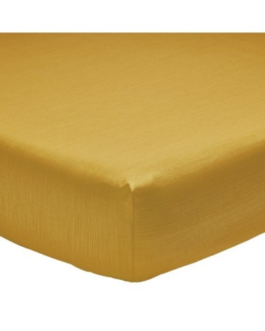 Drap housse fines rayures en bambou jaune 160 x 200