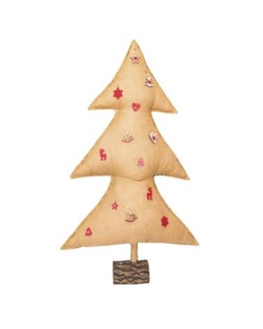 Sapin de noël lumineux en toile de jute avec sujets en bois rouge