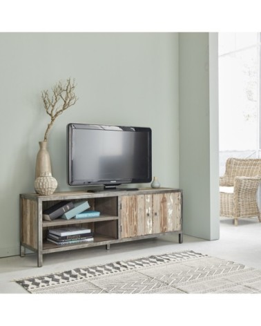 Meuble TV en pin recyclé massif et métal 150 cm