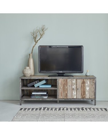 Meuble TV en pin recyclé massif et métal 150 cm