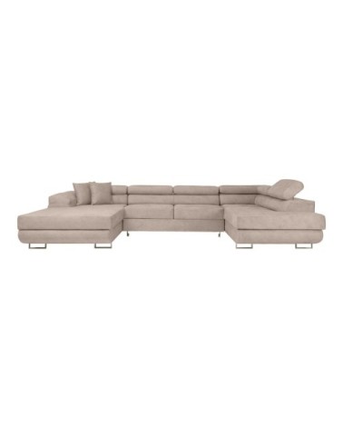 Canapé panoramique 6p flavio convertible 2 coffres en tissu gris clair