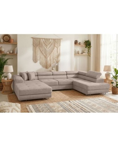 Canapé panoramique 6p flavio convertible 2 coffres en tissu gris clair