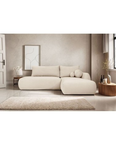 Canapé d'angle droit convertible 5p fabio en tissu bouclette - blanc