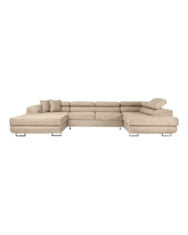 Canapé panoramique 6p flavio convertible 2 coffres en tissu beige