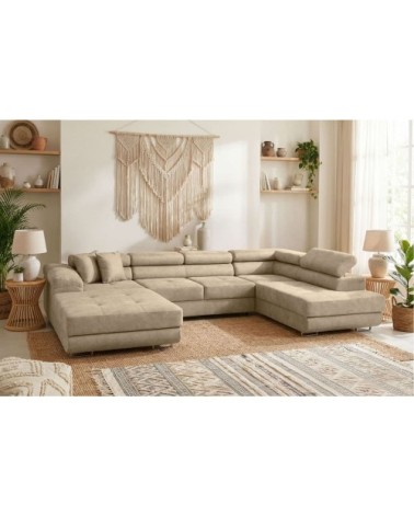Canapé panoramique 6p flavio convertible 2 coffres en tissu beige