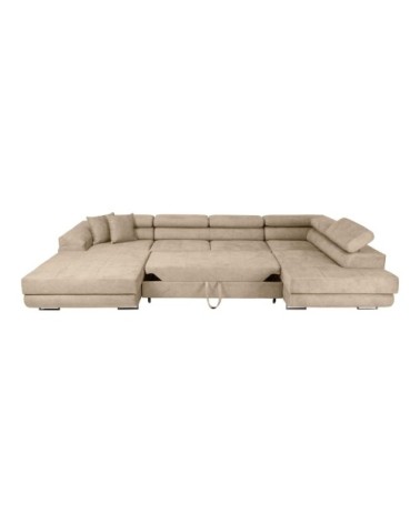 Canapé panoramique 6p flavio convertible 2 coffres en tissu beige