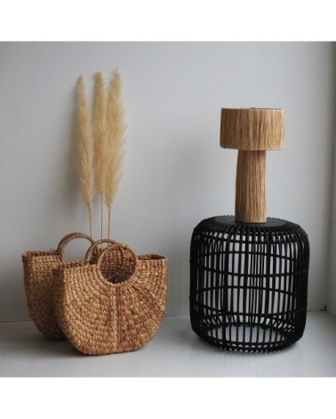 Table de chevet ronde en rotin et en teck