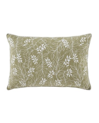 Coussin en coton motifs feuilles vert kaki et écrues 60x40