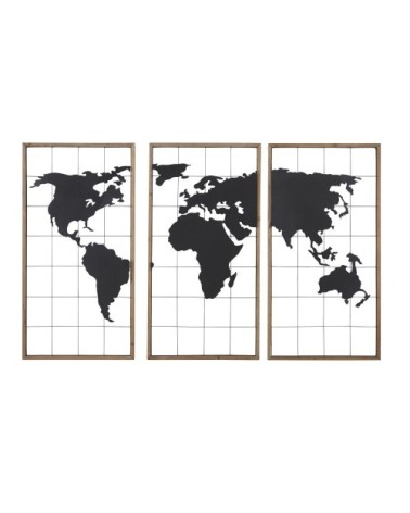Triptyque carte du monde en métal noir et sapin 159x102