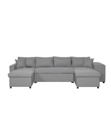 Canapé d'angle panoramique avec poufs en tissu - gris clair