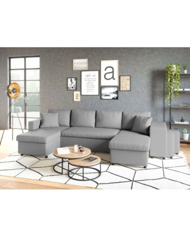 Canapé d'angle panoramique avec poufs en tissu - gris clair