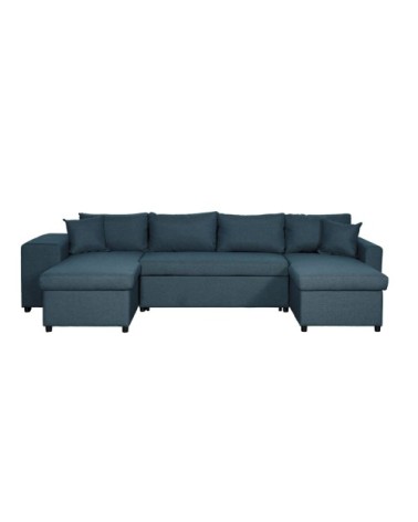 Canapé d'angle panoramique avec poufs en tissu - bleu pétrole