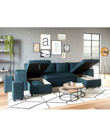 Canapé d'angle panoramique avec poufs en tissu - bleu pétrole