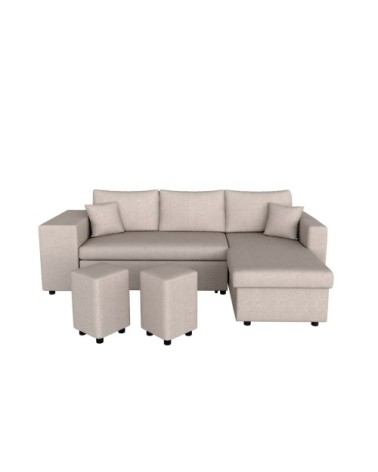 Canapé d'angle convertible avec coffre et poufs en tissu - beige