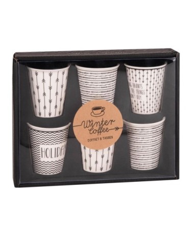 Coffret 6 tasses en porcelaine blanche motifs noirs