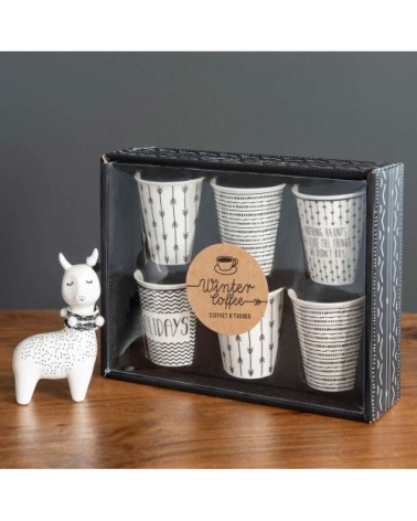 Coffret 6 tasses en porcelaine blanche motifs noirs