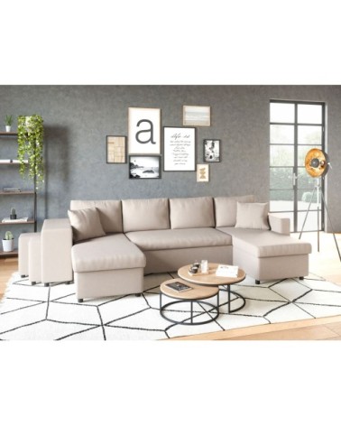 Canapé d'angle panoramique avec poufs en tissu - beige