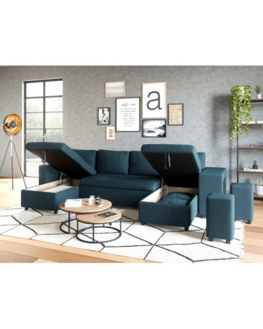 Canapé d'angle panoramique avec poufs en tissu - bleu pétrole