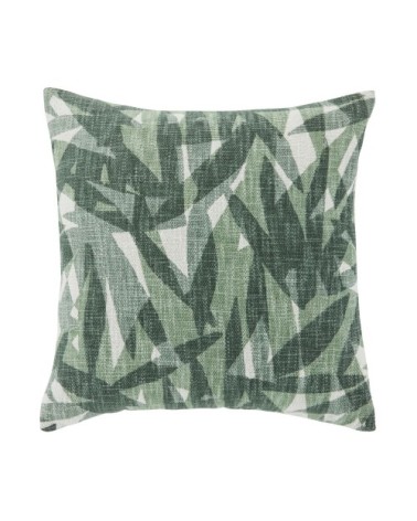 Coussin en coton tissé main jacquard écru motif végétal vert imprimé 45x45