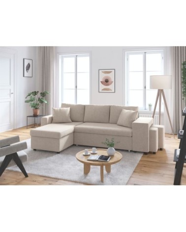 Canapé d'angle convertible avec coffre et poufs en tissu - beige