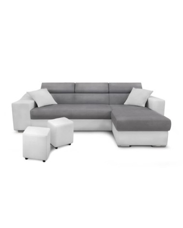 Canapé d'angle gauche microfibre/simili avec poufs - blanc/gris