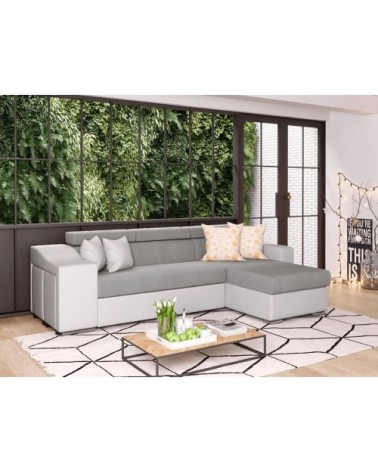Canapé d'angle gauche microfibre/simili avec poufs - blanc/gris