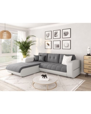 Canapé d'angle gauche convertible en simili et microfibre - blanc/gris