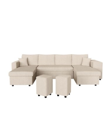 Canapé panoramique avec 2 poufs droit en velours côtelé - beige