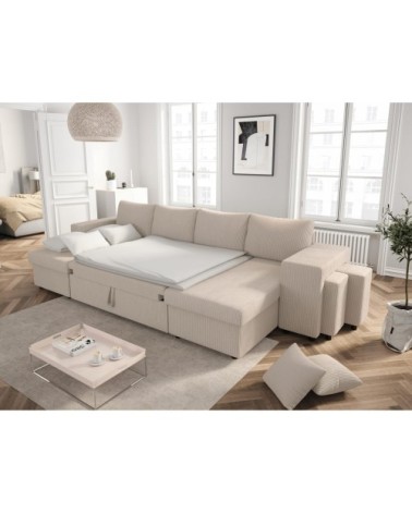 Canapé panoramique avec 2 poufs droit en velours côtelé - beige