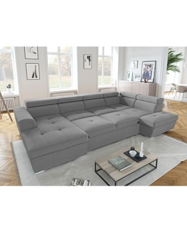 Canapé d'angle droit panoramique en tissu gris clair